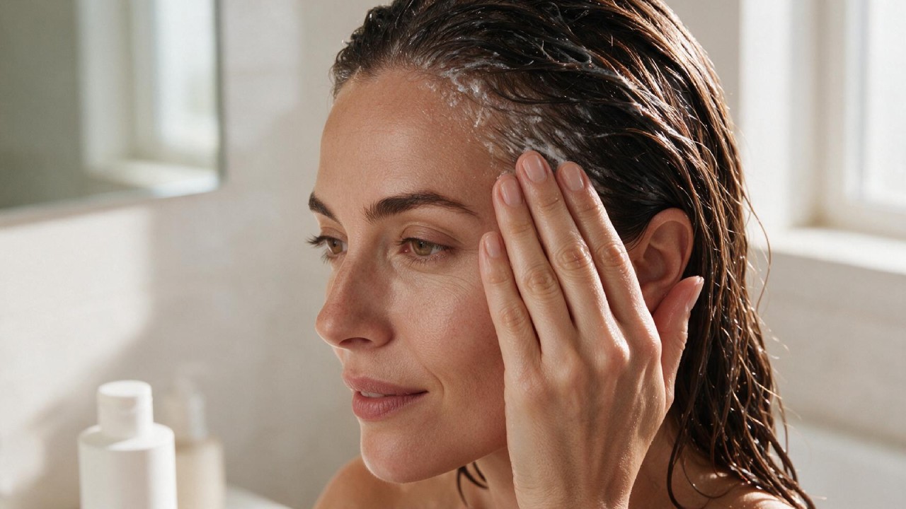 Femme appliquant un shampooing anti-chute en massage sur le cuir chevelu